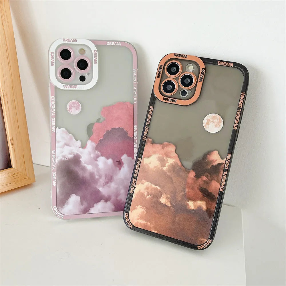 Sunset clouds starry sky pattern TPU back case for iPhone on a blue background.