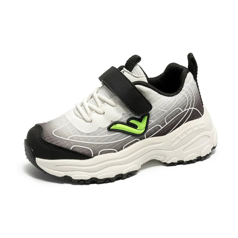Children's striped dad shoes in black or purple with mesh fabric upper and rubber sole