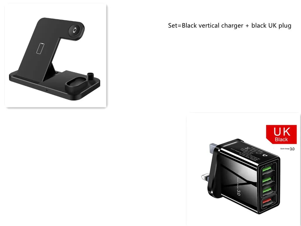 4-in-1 adjustable wireless charging station showing phone, watch, earbuds and pencil charging on a desk.