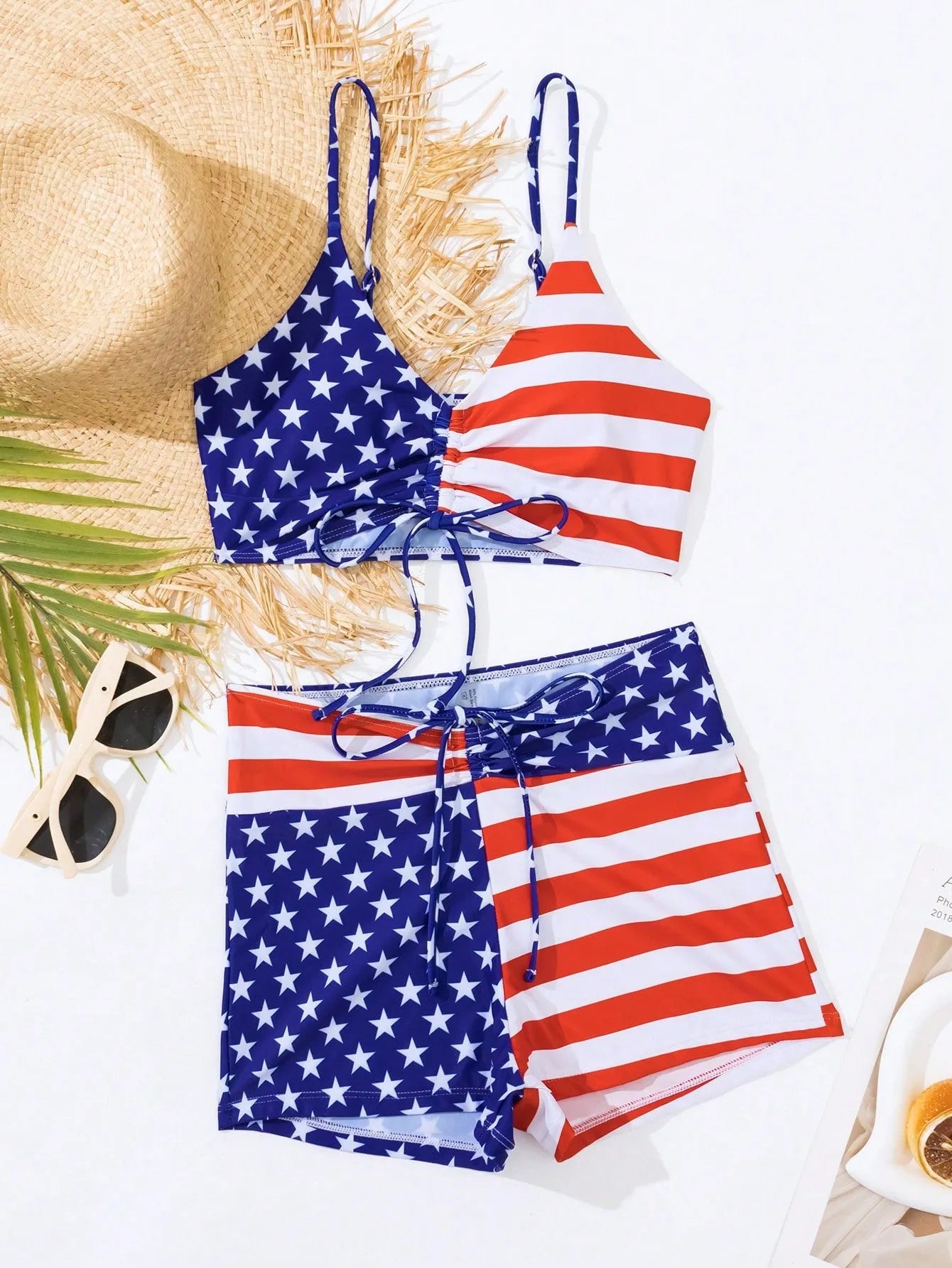Women's high waist boxer swimsuit with drawstring waistband in Stars and Stripes pattern