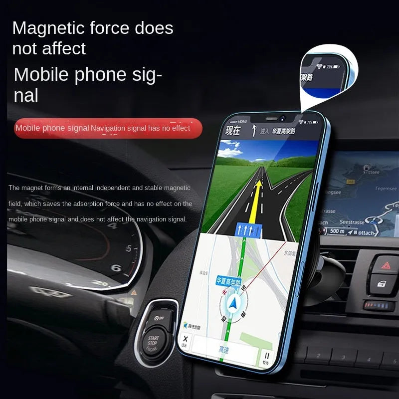 Black aluminium magnetic car air vent phone holder mounted on vehicle centre console