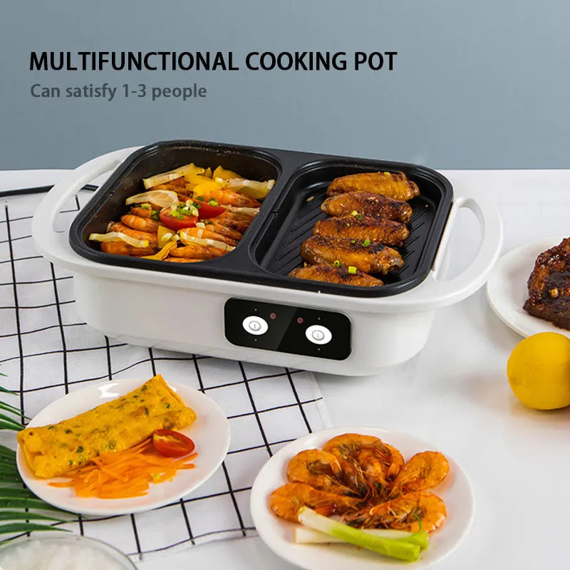 White or green household electric hot pot with mechanical controls, shown with dimensions.