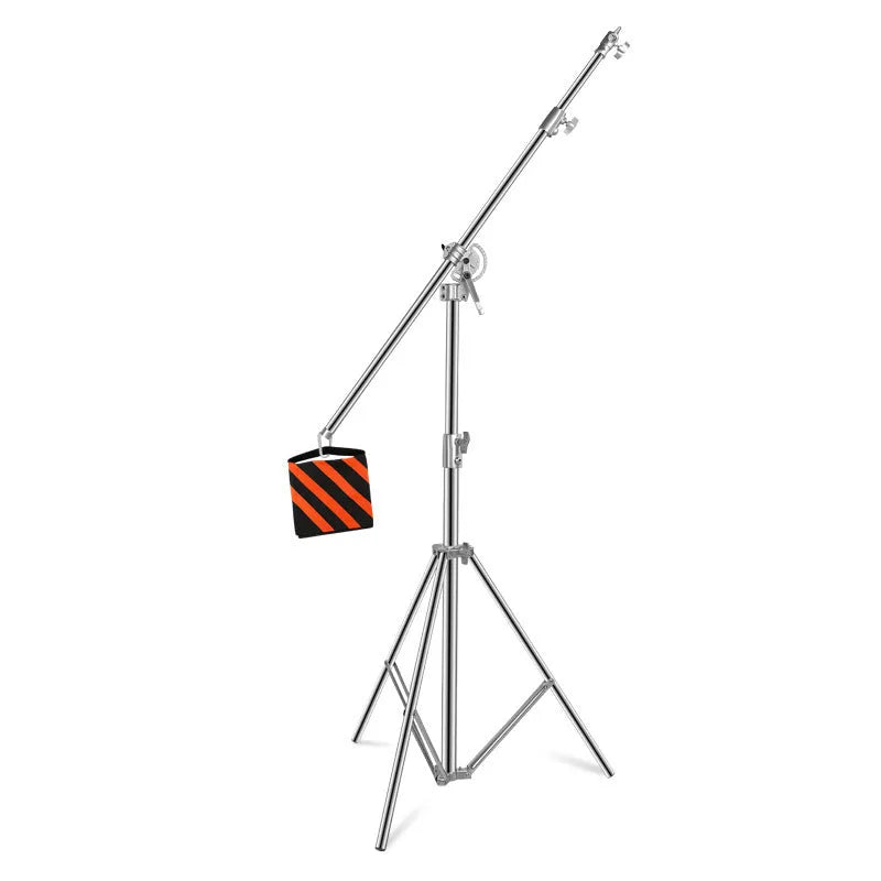 Silver stainless steel ceiling lamp rack extended to its full height with cross-arm design