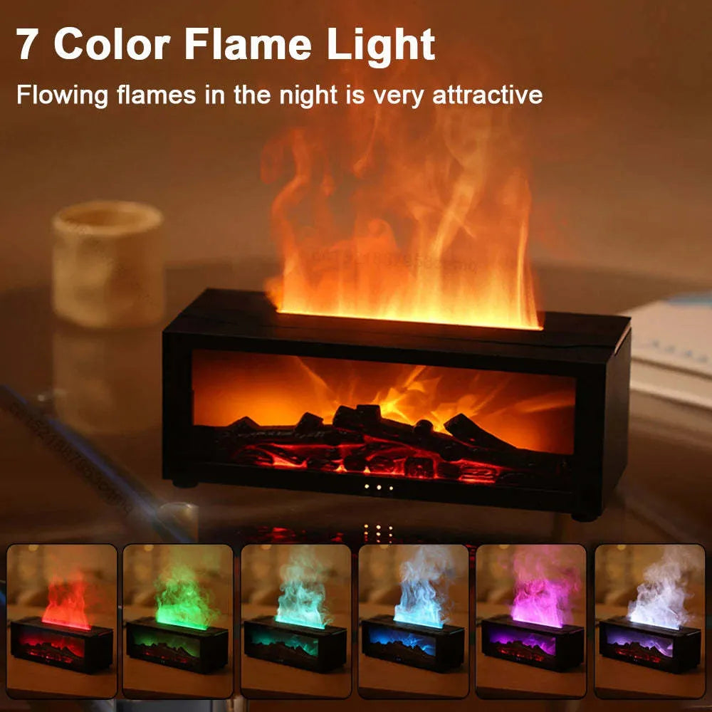 Square desktop flame effect essential oil diffuser humidifier with coloured LED base and remote control.