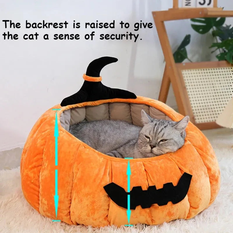 Orange plush Halloween pumpkin cat bed with cartoon devil face for small dogs