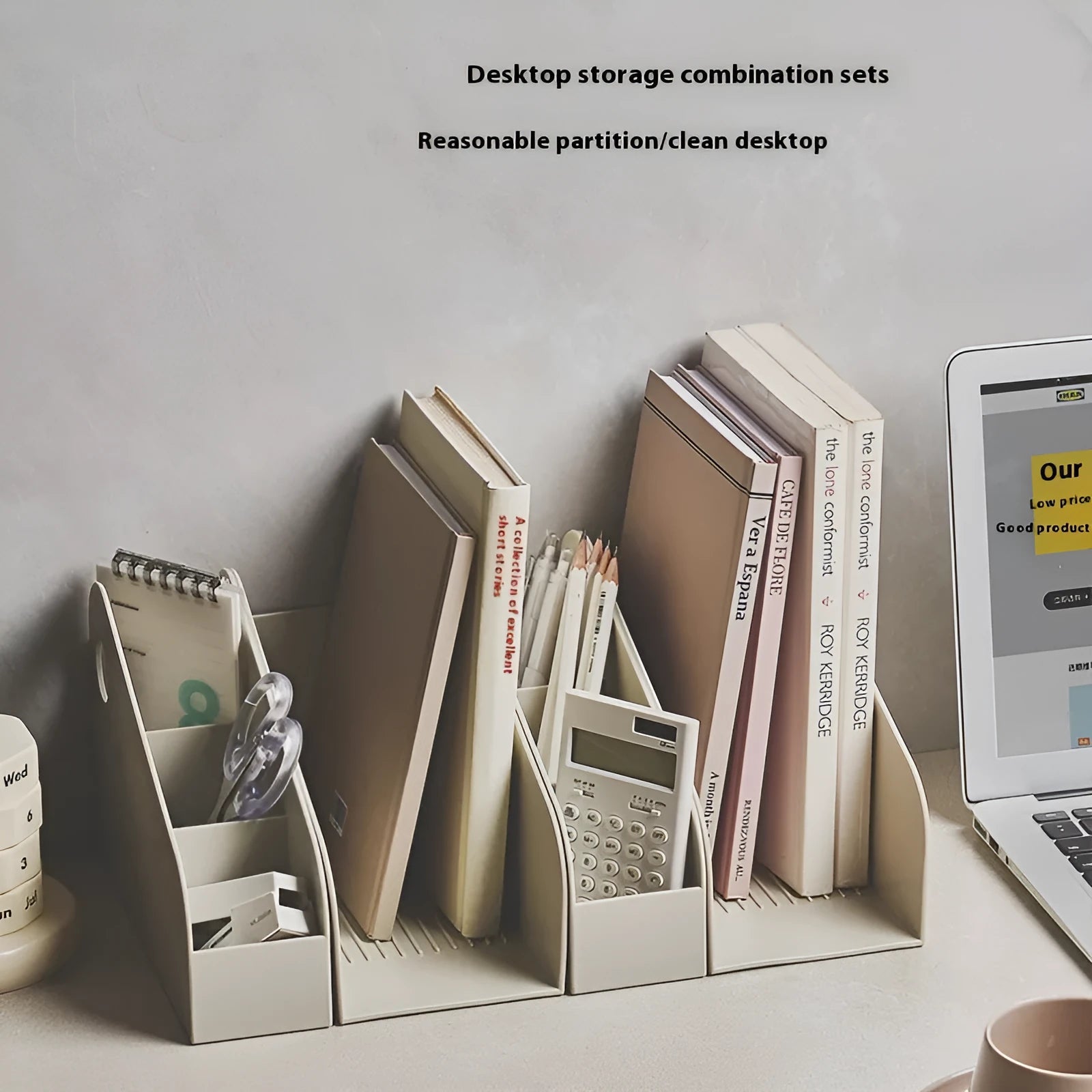 Plastic desktop storage box set with two grids in Milk Coffee colour