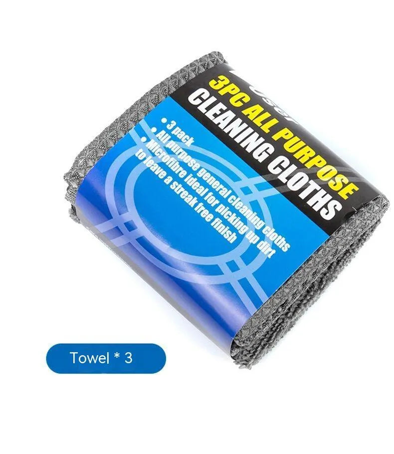 Grey 9-piece car wash set with microfiber sponge, glove, tyre brush, waxing wipes, and towels.