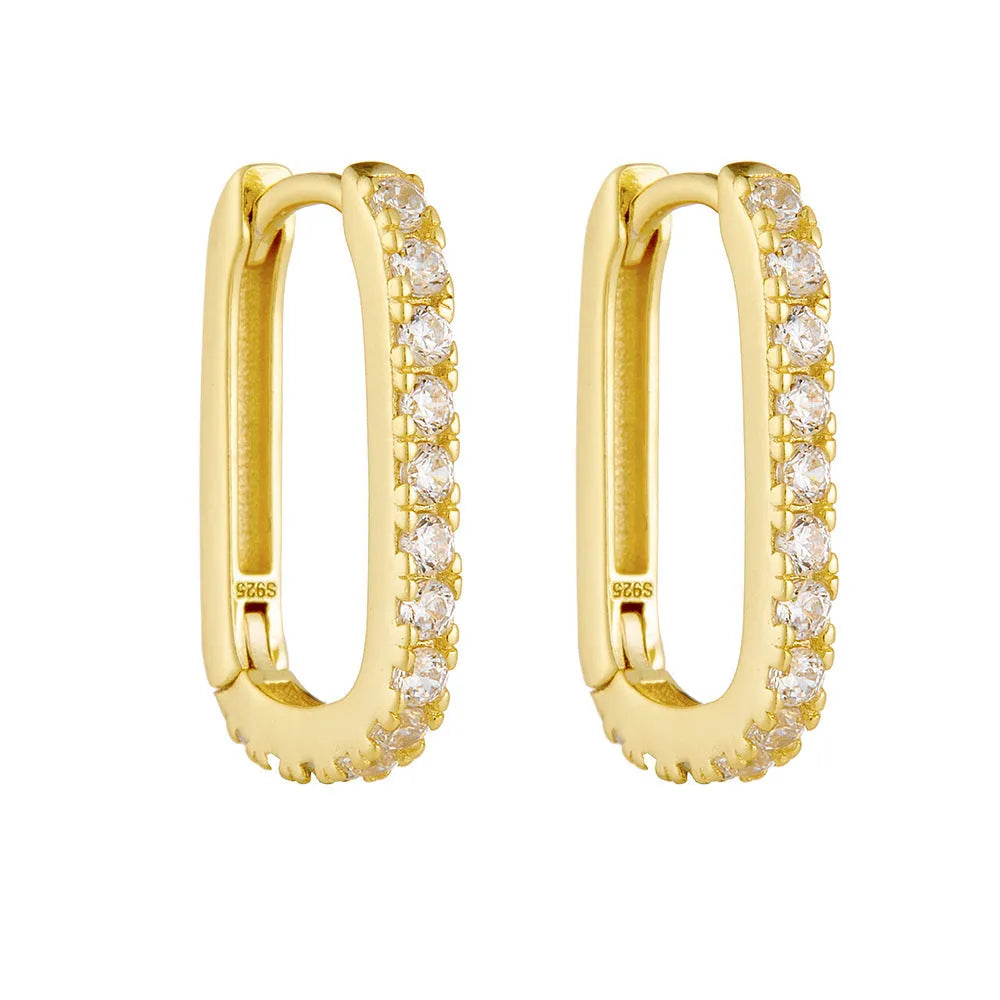 S925 sterling silver oval zircon ear clip earrings in geometric design with quadrilateral elements