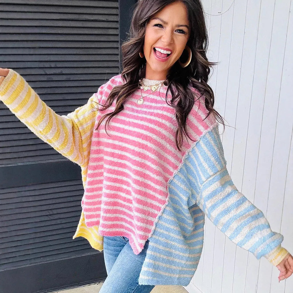 Women's casual striped acrylic long sleeve round neck pullover sweater in LC2726501-P22 colour, front view
