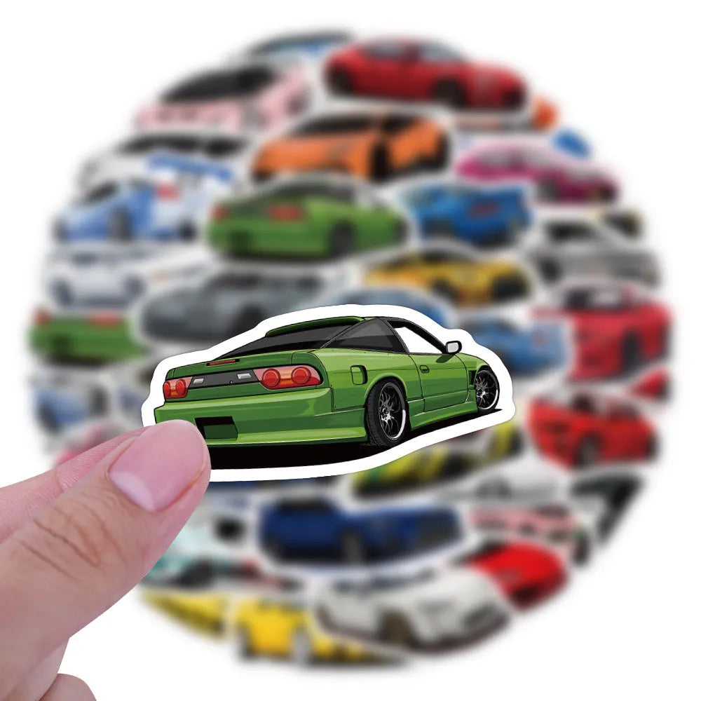 Set of 60 individual sports car graffiti design vinyl stickers scattered, showing variation in design.
