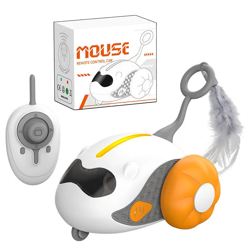 Charging cat teaser remote control toy with feather attachments in blue and orange colour options