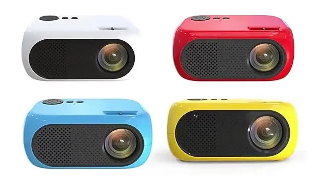 M24 micro mini portable LED projector in gold or white colour with power adapter and AV cable