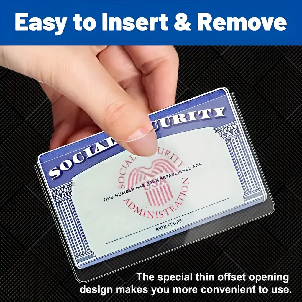 Clear PVC social security card holder with dimensions 9.7cm by 5.9cm, shown protecting a card.