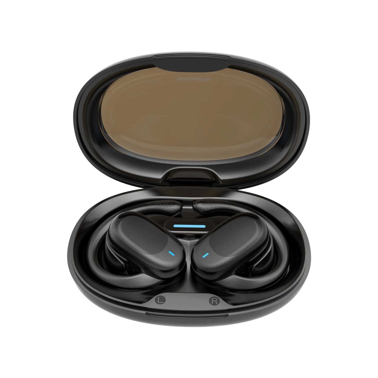 Non in-ear air conduction Bluetooth headset in black with breathing light, rotatable JM05 model on white background
