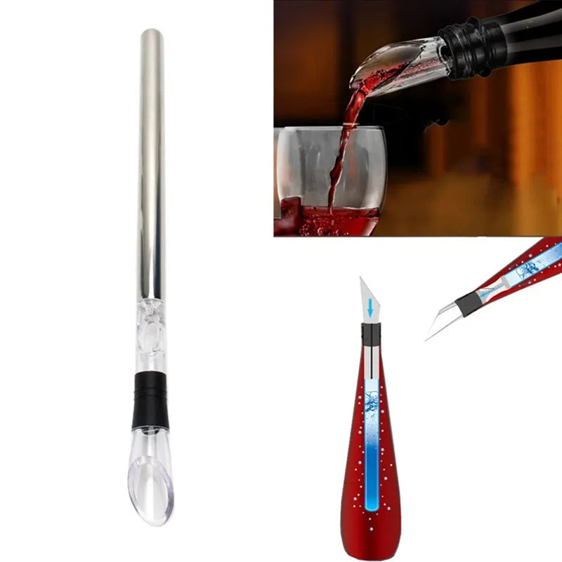 Stainless steel wine chilling rod with acrylic pourer, shown next to a wine bottle.