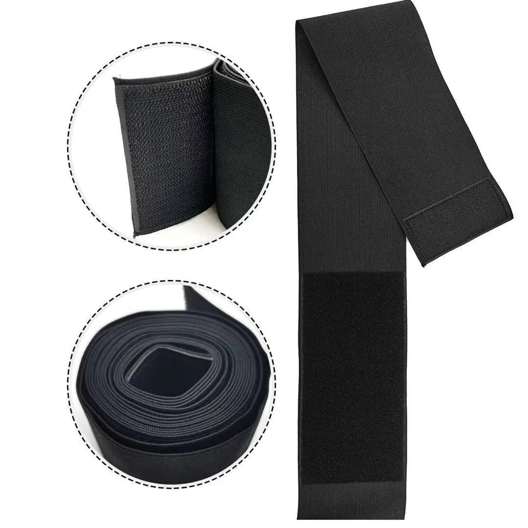 Black polyester waist training restraint belt for yoga body sculpting, 3 metre length shown on white background