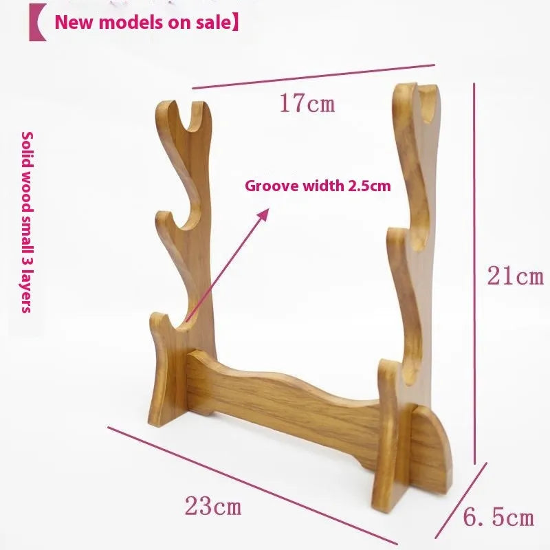 Wooden Chinese-style wall bracket shelf with multiple tiered layers for display.