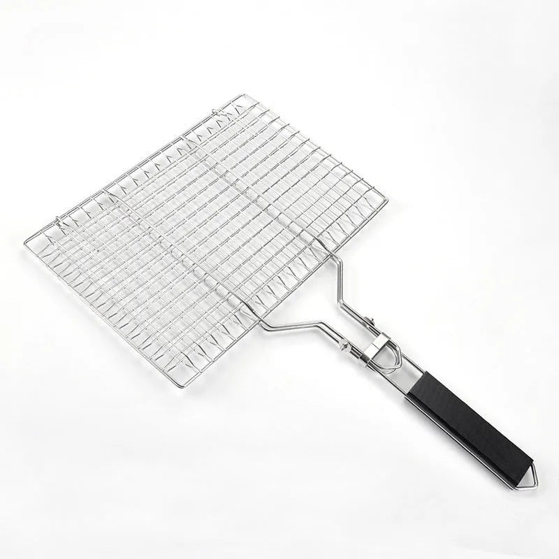 Square stainless steel folding barbecue mesh basket with a cleaning brush on a grill