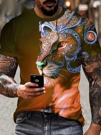 Men's 3D printed lion graphic T-shirt in polyester fabric showing fierce animal design