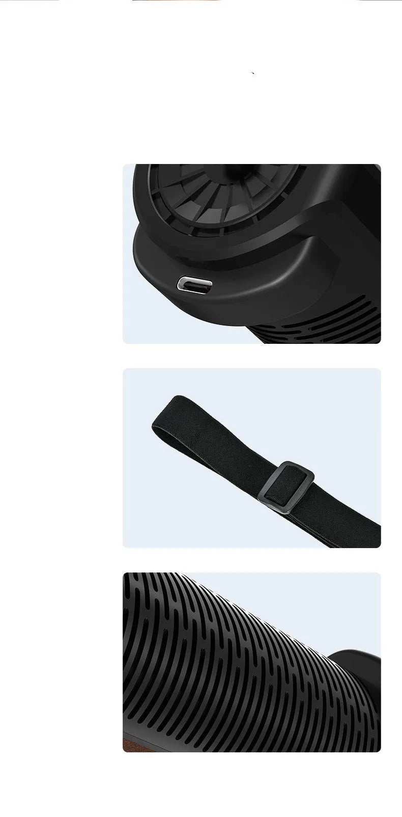 Compact black bladeless car mounted fan with USB power connection showing ventilation openings