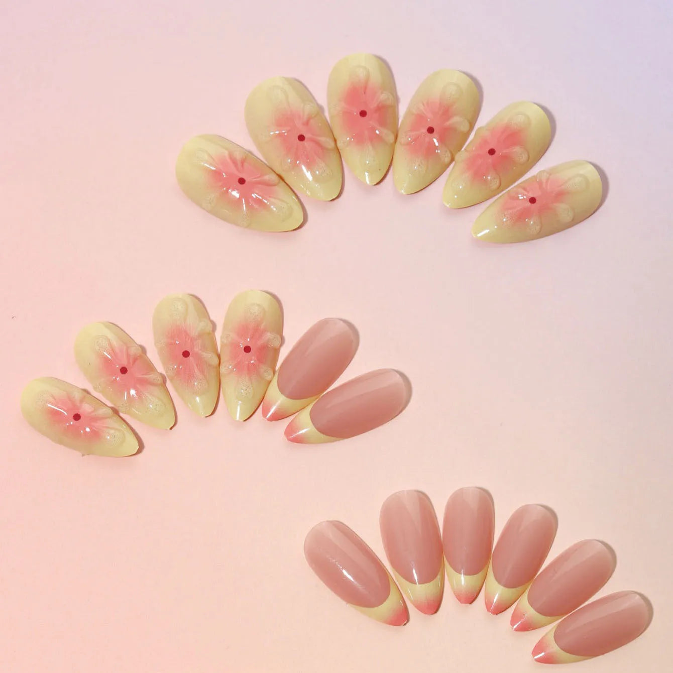 Detachable fake nails with 3D cartoon flower armour pieces in colour TY-318 with jelly glue and filing strip