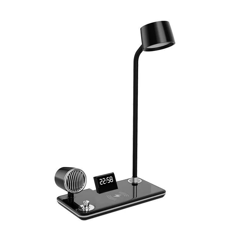 Intelligent wireless charging lamp with digital clock display on desk in black colour