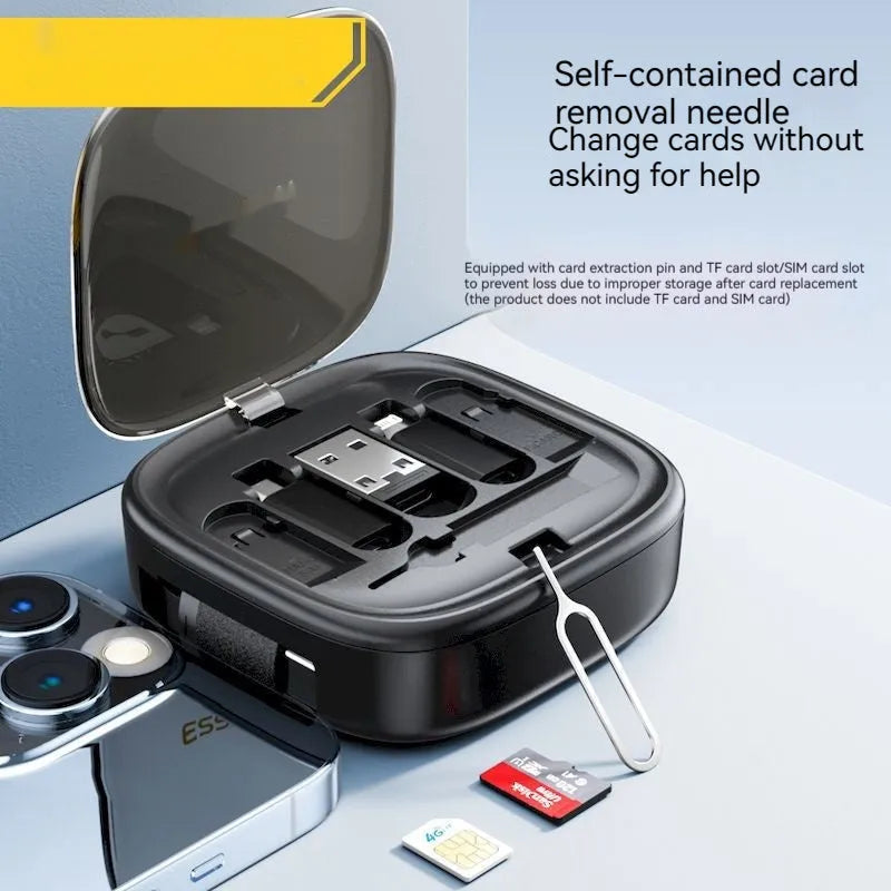 60W fast charging cable storage box in black, with adjustable 0.5-1m cable and multi-interface support