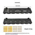 Black ABS plastic wall-mounted fishing rod holder rack showing upright and horizontal mounting styles