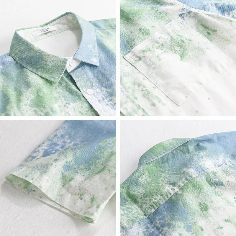 Man wearing a loose-fit grey hanging-dyed pure cotton short sleeve casual shirt.