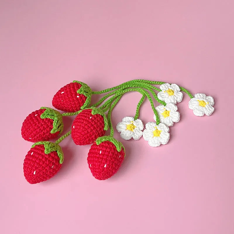 Handmade wool crochet woven strawberry pendant with 35cm length in red or pink colour
