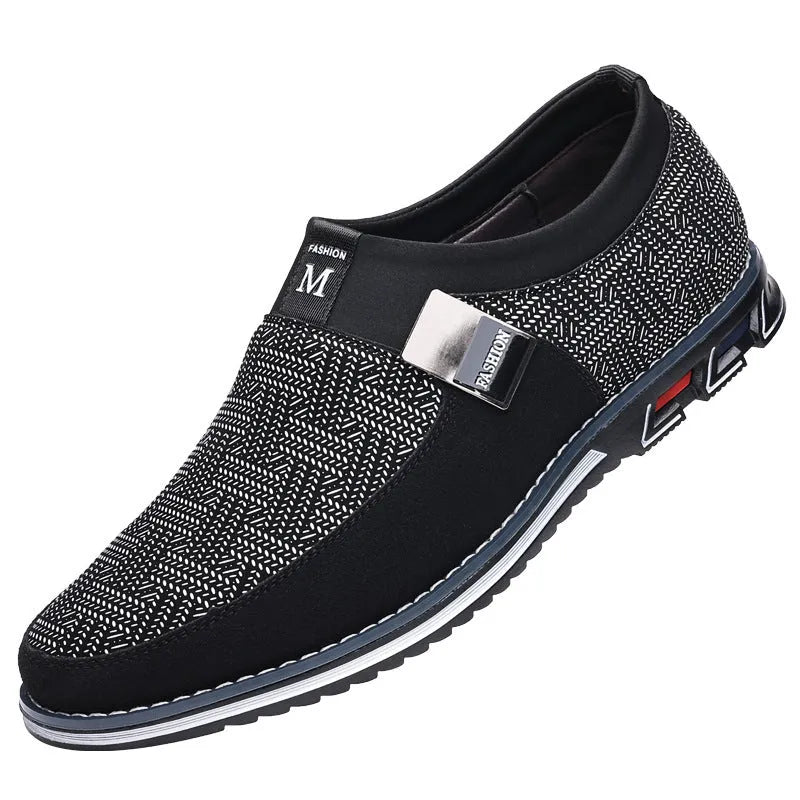 Men's black synthetic leather slip-on casual shoes with a square toe and rubber sole.