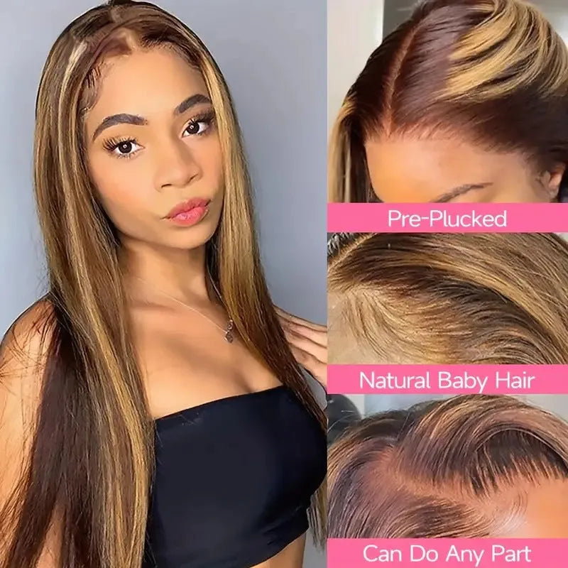 Long straight hair lace front wig side bangs piano colour high temperature fibre full-head