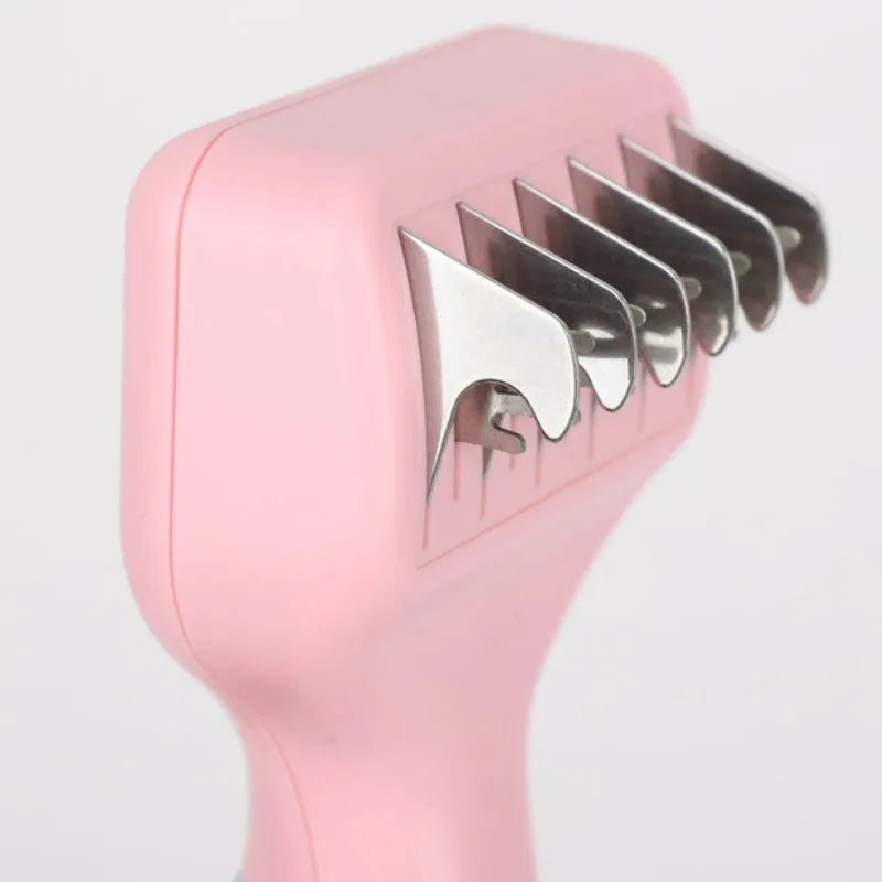Stainless steel pet grooming comb with pink rubber handle for dogs and cats