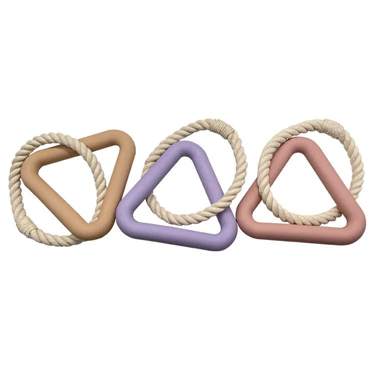 Large triangular cotton rope pull ring dog toy in beige, pink, and purple colour options