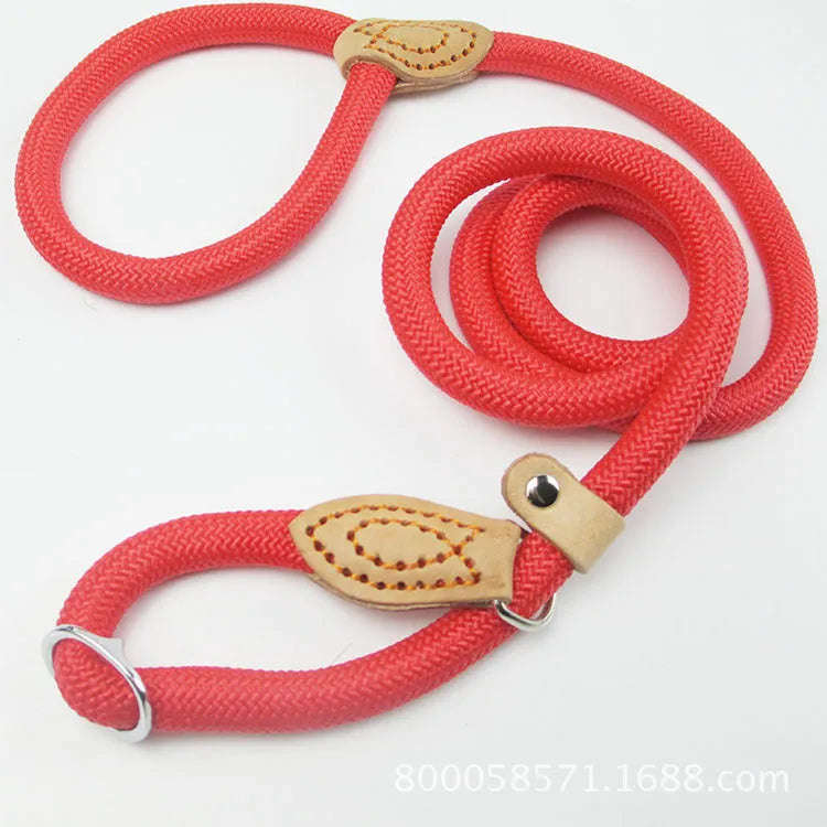 Brown nylon dog leash with a metal P-chain clip and a braided hand holding rope, shown at full 2.1 metre length.