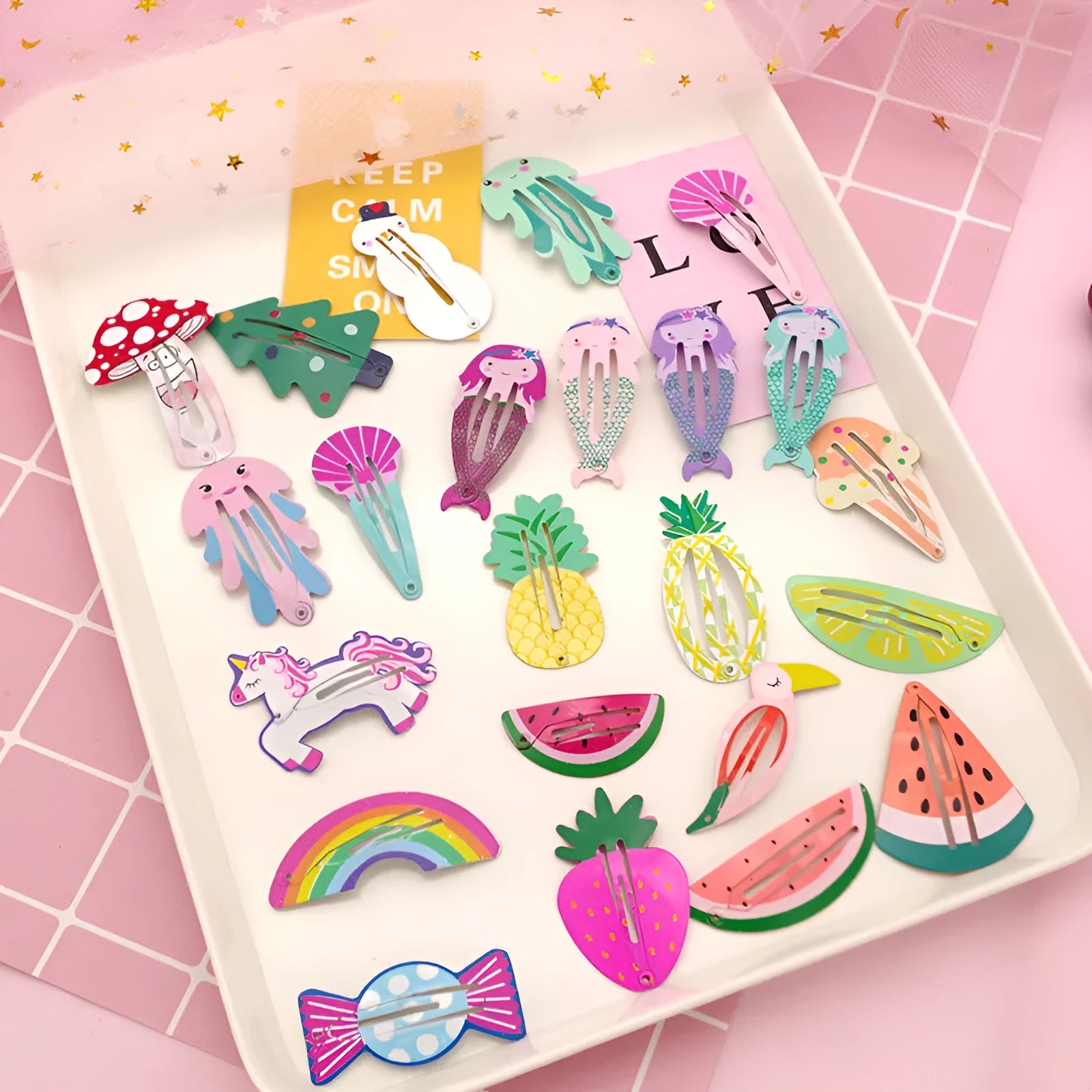 Colourful metal hair barrette for children with a printed strawberry design.