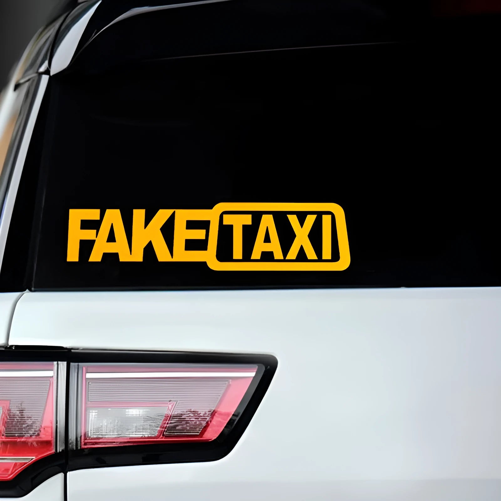FAKE TAXI car warning sticker in waterproof PET material measuring 20 by 8 centimetres