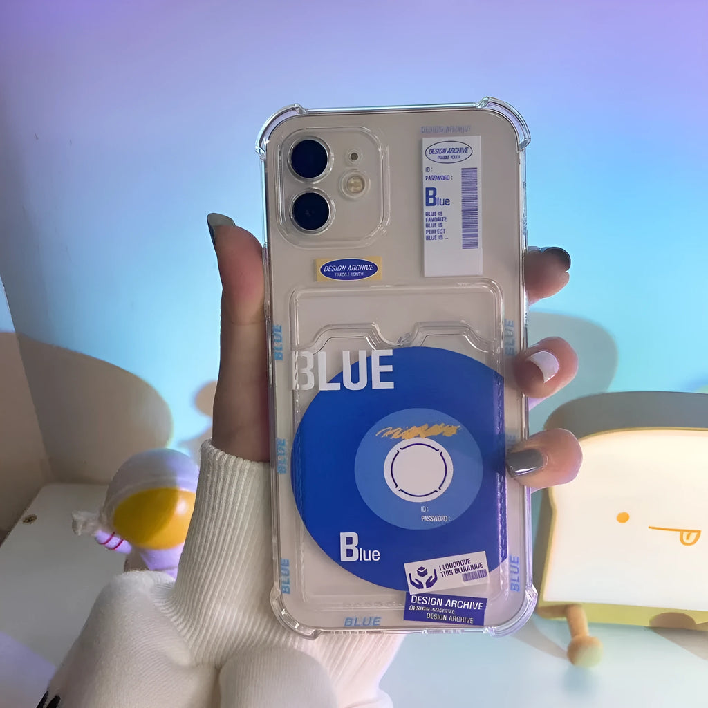 Klein Blue transparent card sleeve phone case for iPhone showing front and back with card slot
