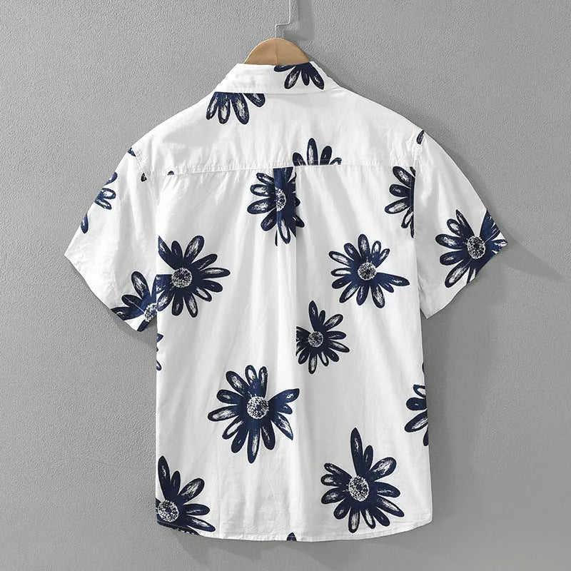Japanese printed short sleeve shirt in loose cardigan style, available in white and apricot colours