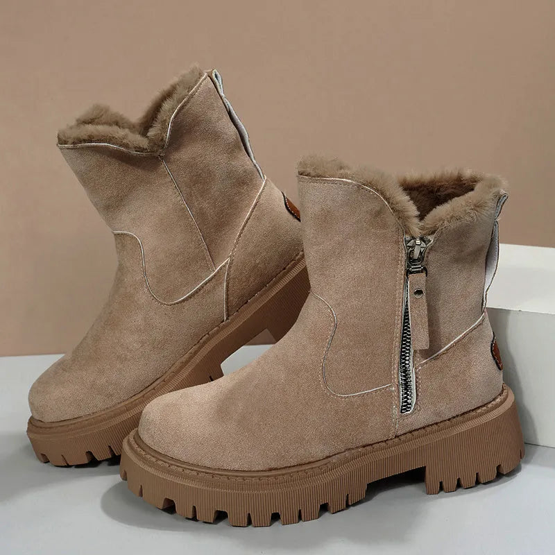 Black women's high-top snow boots with faux suede upper, side zipper, and thick plush lining.