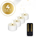 Four white LED tealight candles with flickering flame effect on a dark surface.