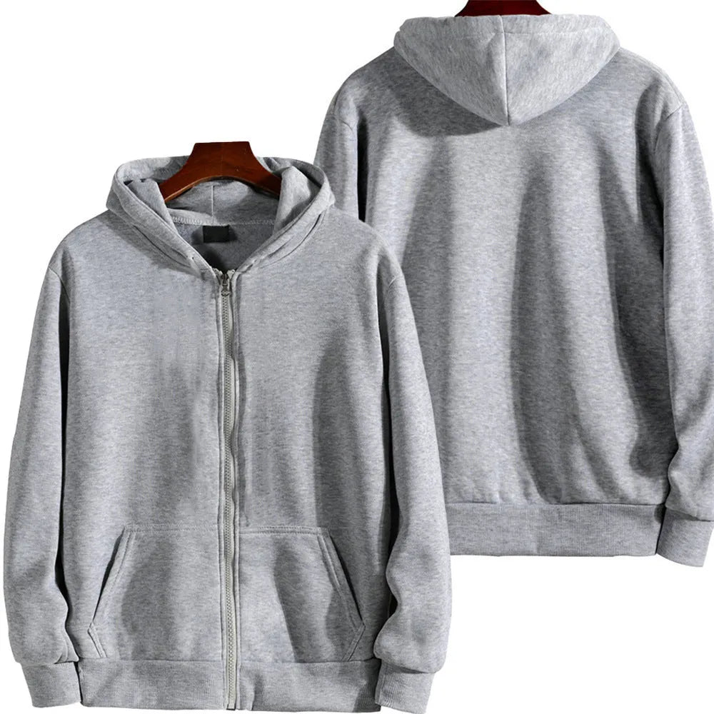 Men's loose fitting solid colour zip-front sports jacket cardigan on a hanger