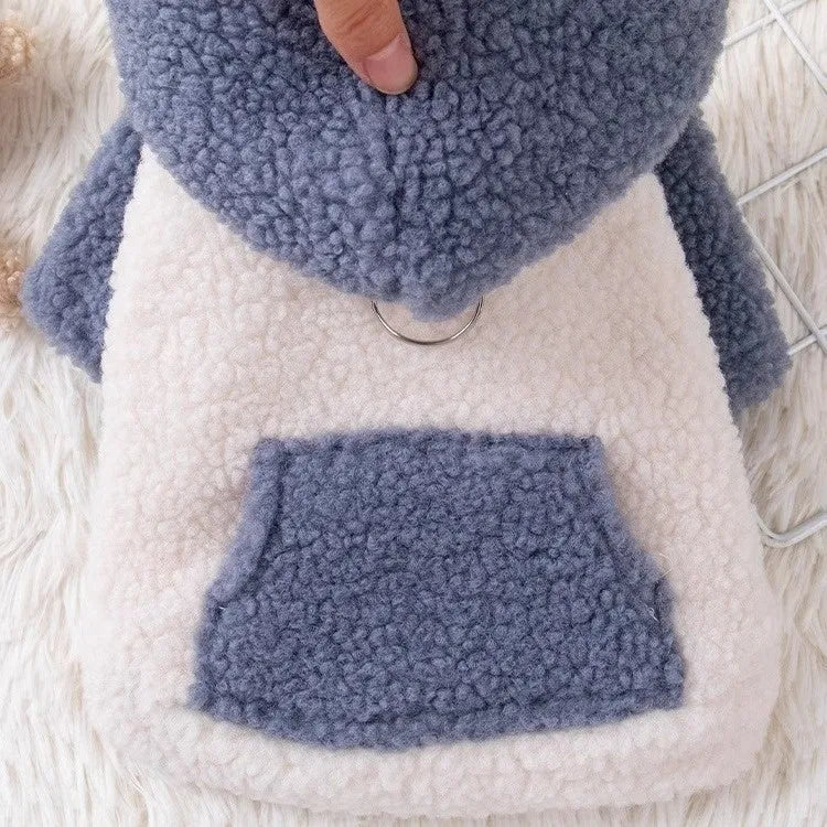 Thickened hooded cotton-padded dog coat in brown colour showing fleece lining and size options