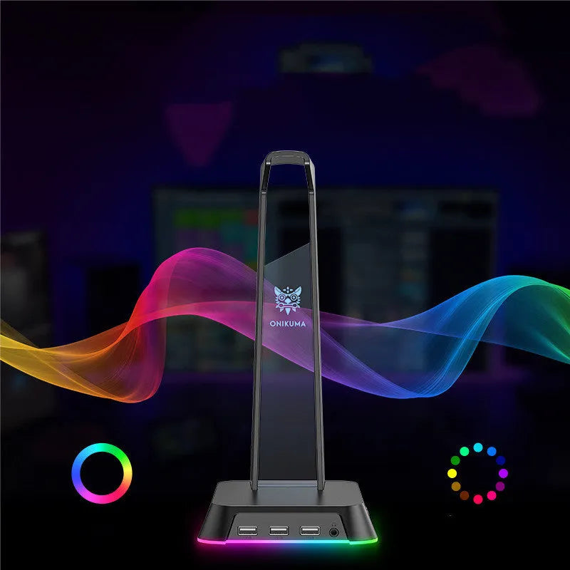 Illuminated headphone stand with Symphony RGB lighting and USB hub in black