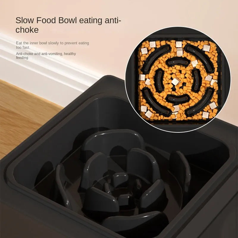 Adjustable height elevated dog feeding stand with stainless steel bowls in black