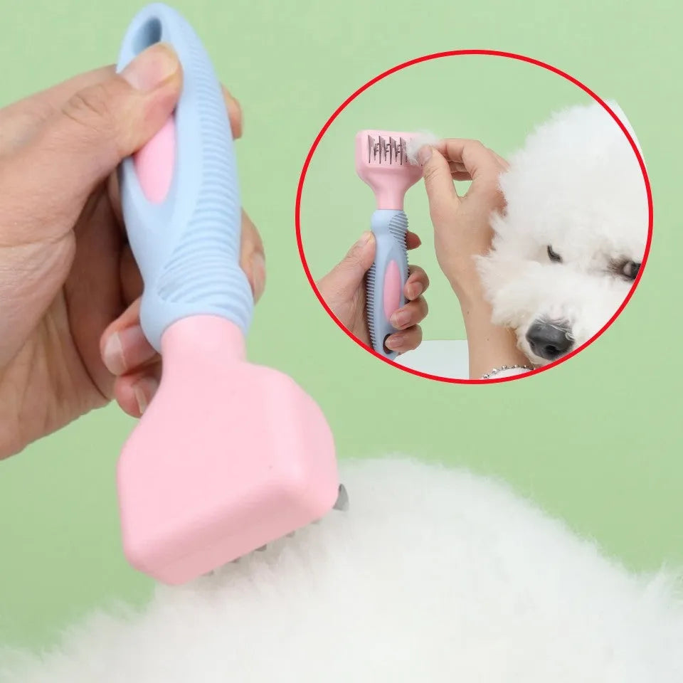 Stainless steel pet grooming comb with pink rubber handle for dogs and cats