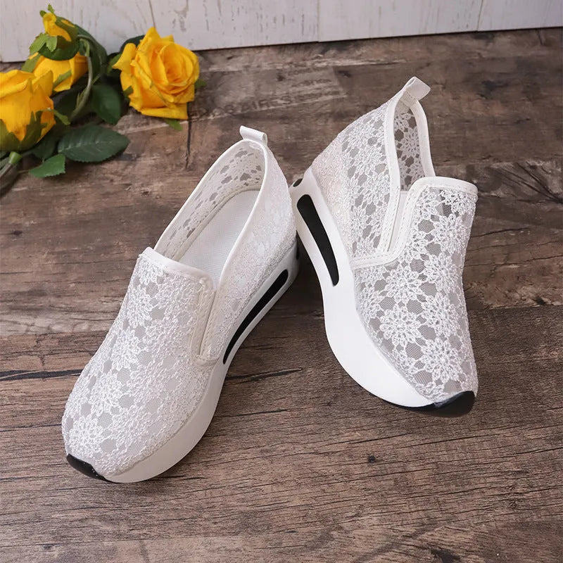 Women's lace mesh flat shoes with inner heightened platform, round toe, satin upper, available in pink and white
