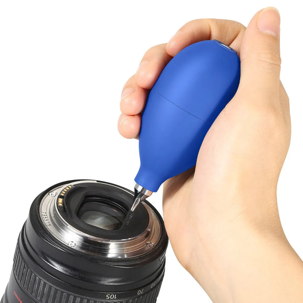 Blue rubber dust removal air blower tool for cleaning cameras and phones.