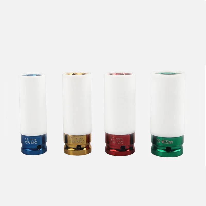 Four impact sockets in sizes 17mm 19mm 21mm 22mm for pneumatic wrenches