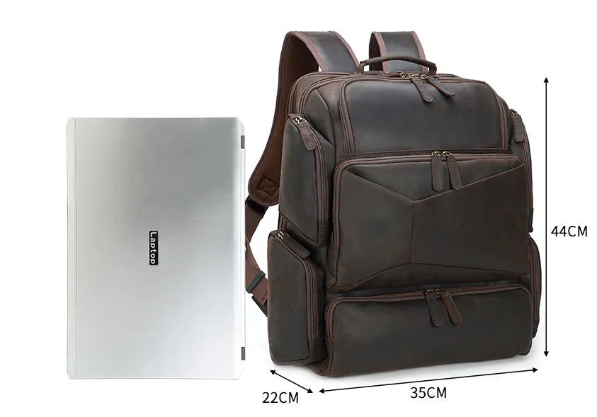 Dark brown Retro Crazy Horse leather backpack for a 17-inch laptop, showing internal organiser pockets.